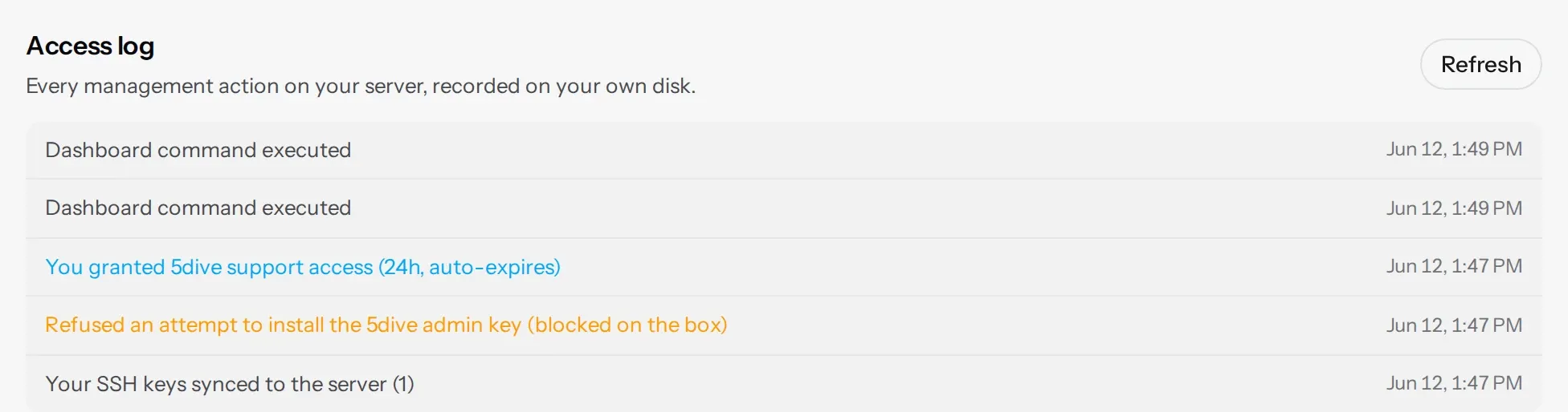 the access log on a live box: a refused key-install attempt, a customer support grant, and routine key syncs, each timestamped