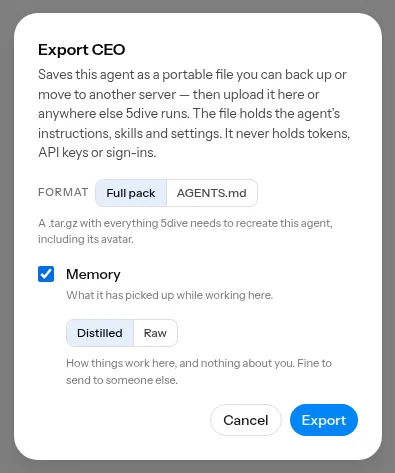 the export modal, memory ticked, distilled selected