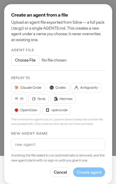 the import dialog, with the deploy-to picker open