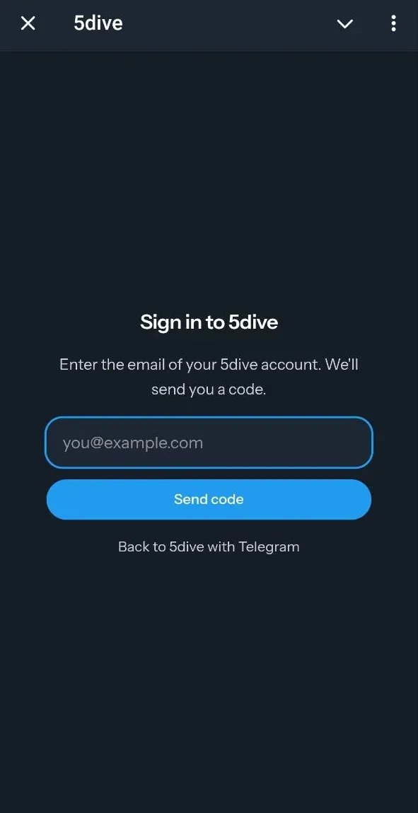 the 5dive sign-in screen inside telegram, asking for the email of your 5dive account