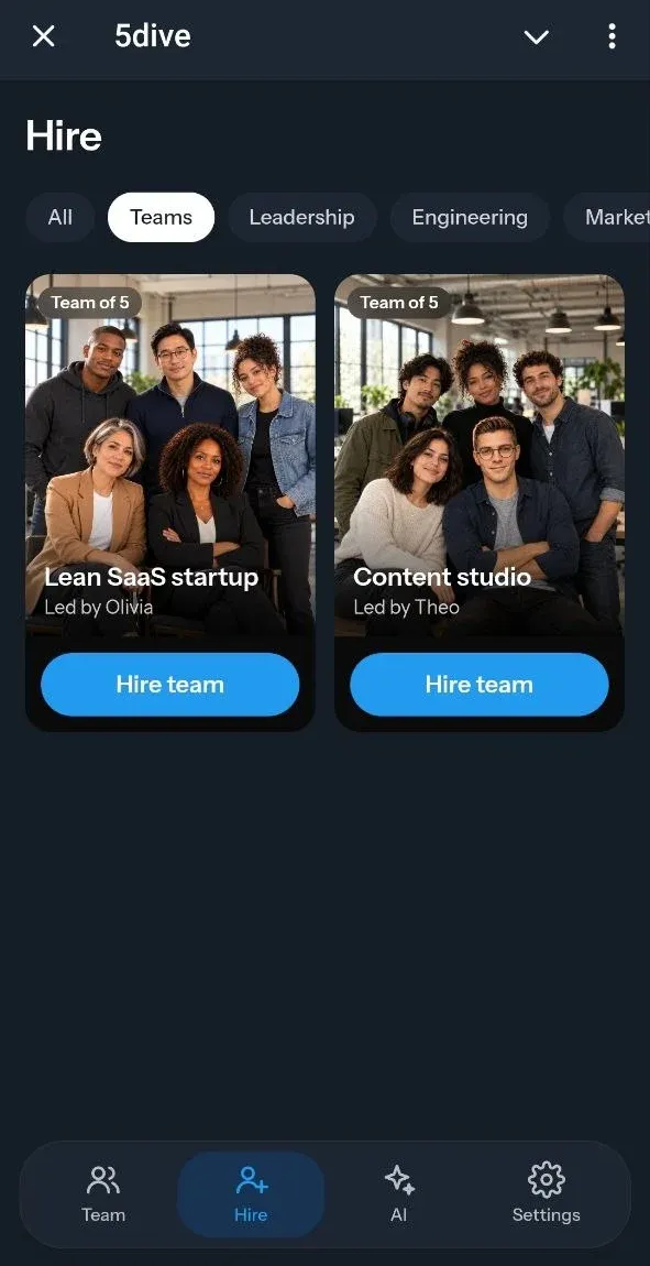 the Teams tab in the 5dive mini app, with two teams of five ready to hire