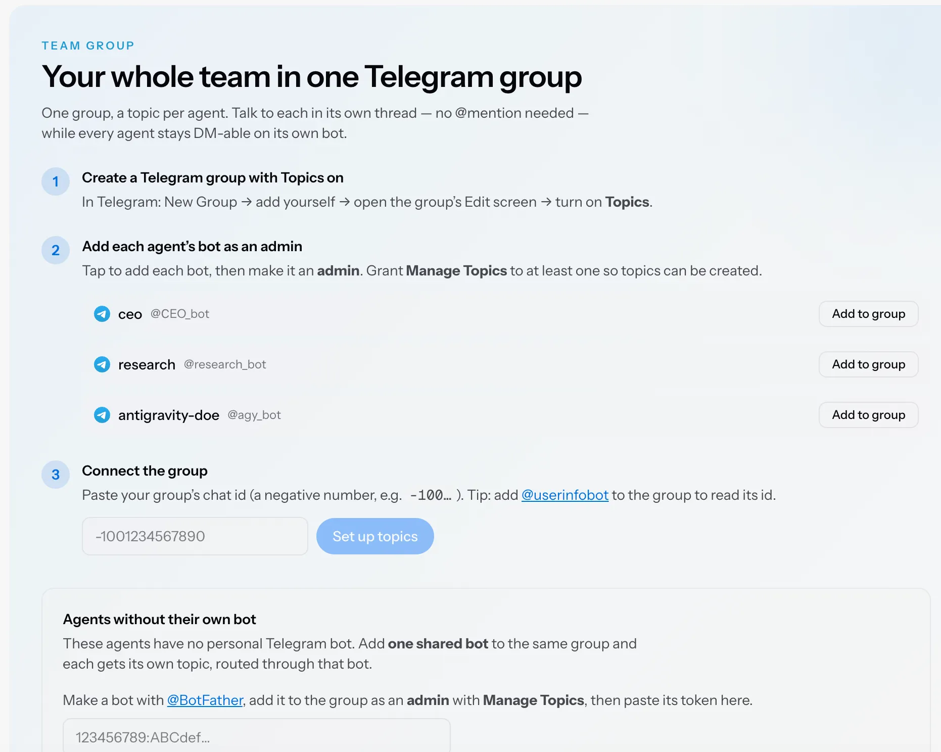the team group setup card in the 5dive dashboard