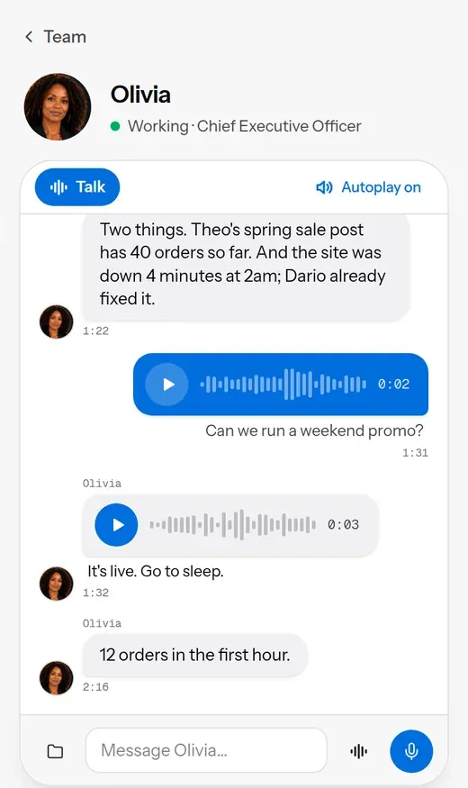 a voice note with its transcript, and the agent's voice reply