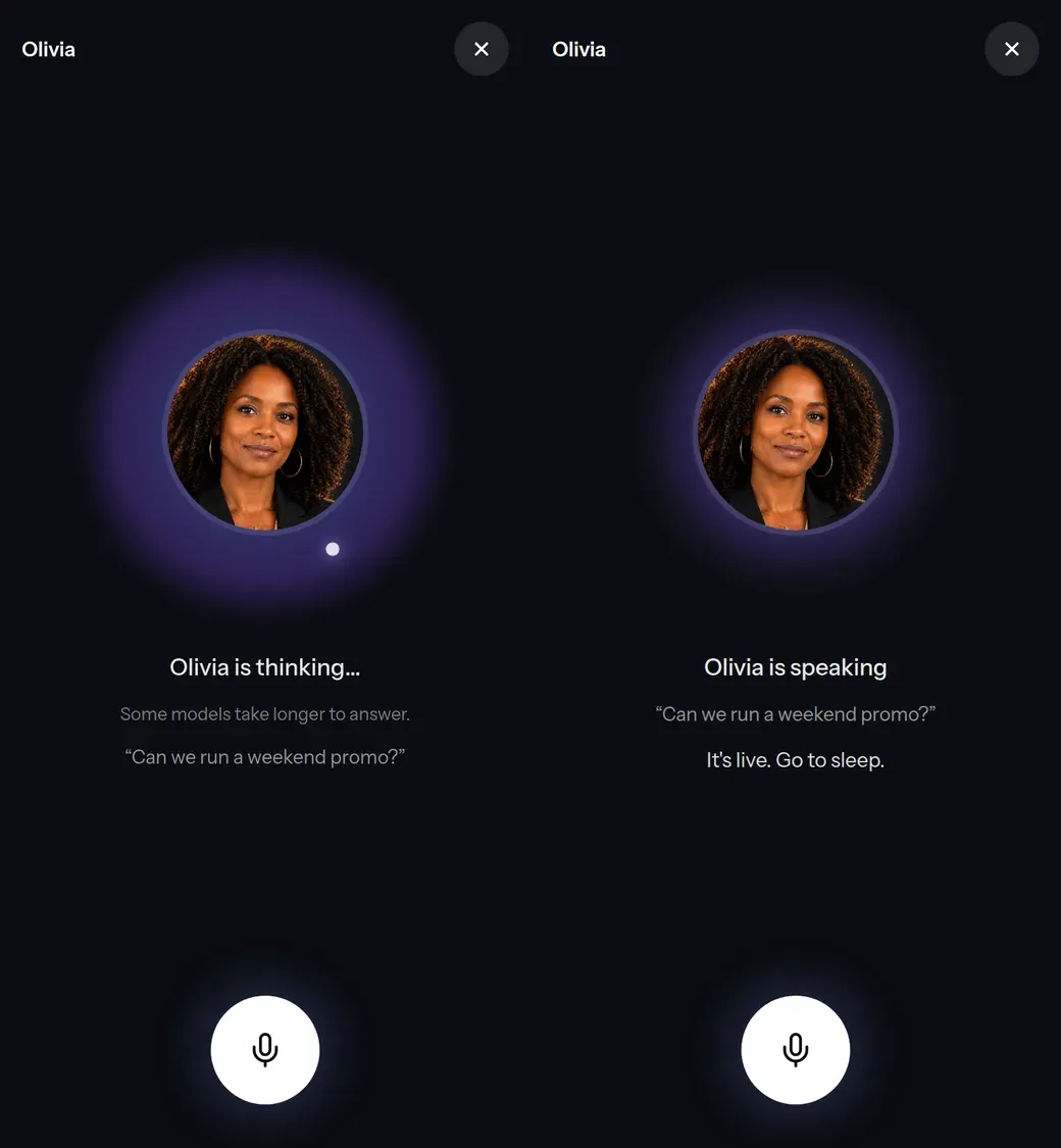 voice mode: the agent thinking, then speaking